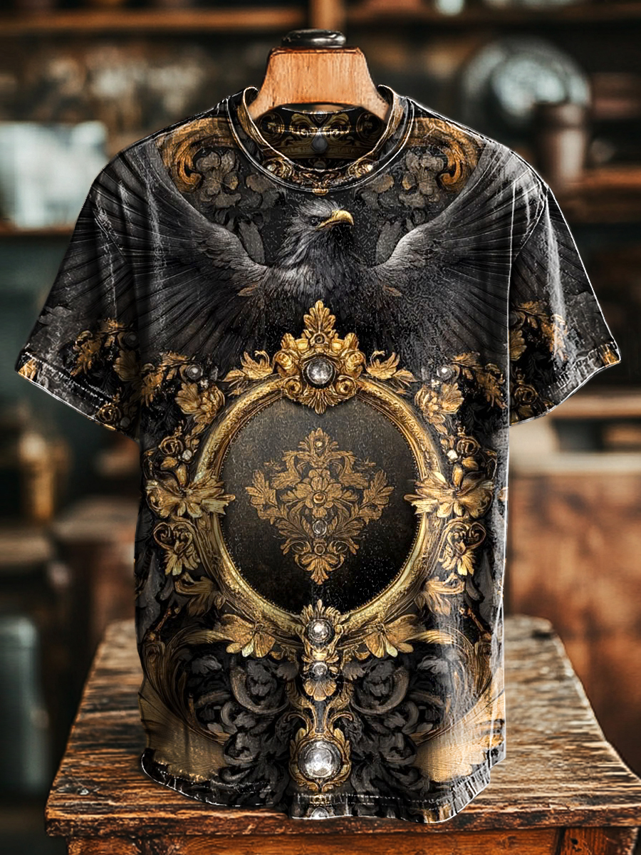 Unisex Vintage Black Crow Totem Print Casual Loose Short Sleeve T-Shirt