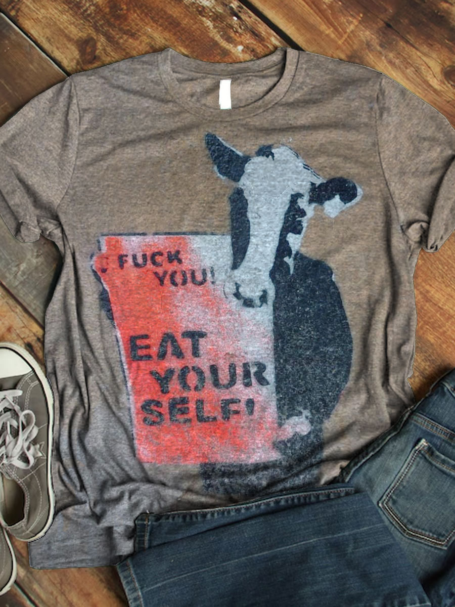 Vintage Funny Cow Art Print Casaul Short Sleeve T-shirt