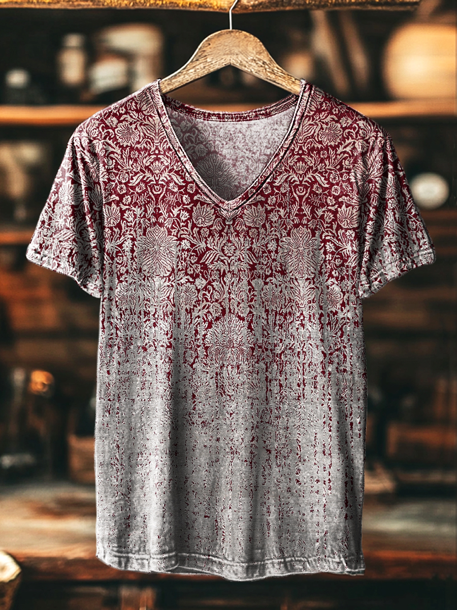 Vintage Gradient Ethnic Floral Art Print Casual V-Neck T-Shirt