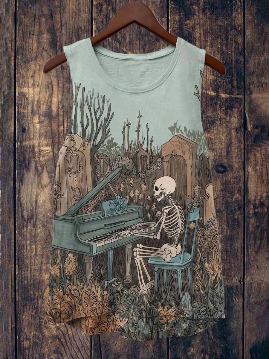 Art Abstract Skull Pianist Print Casual Tank Top
