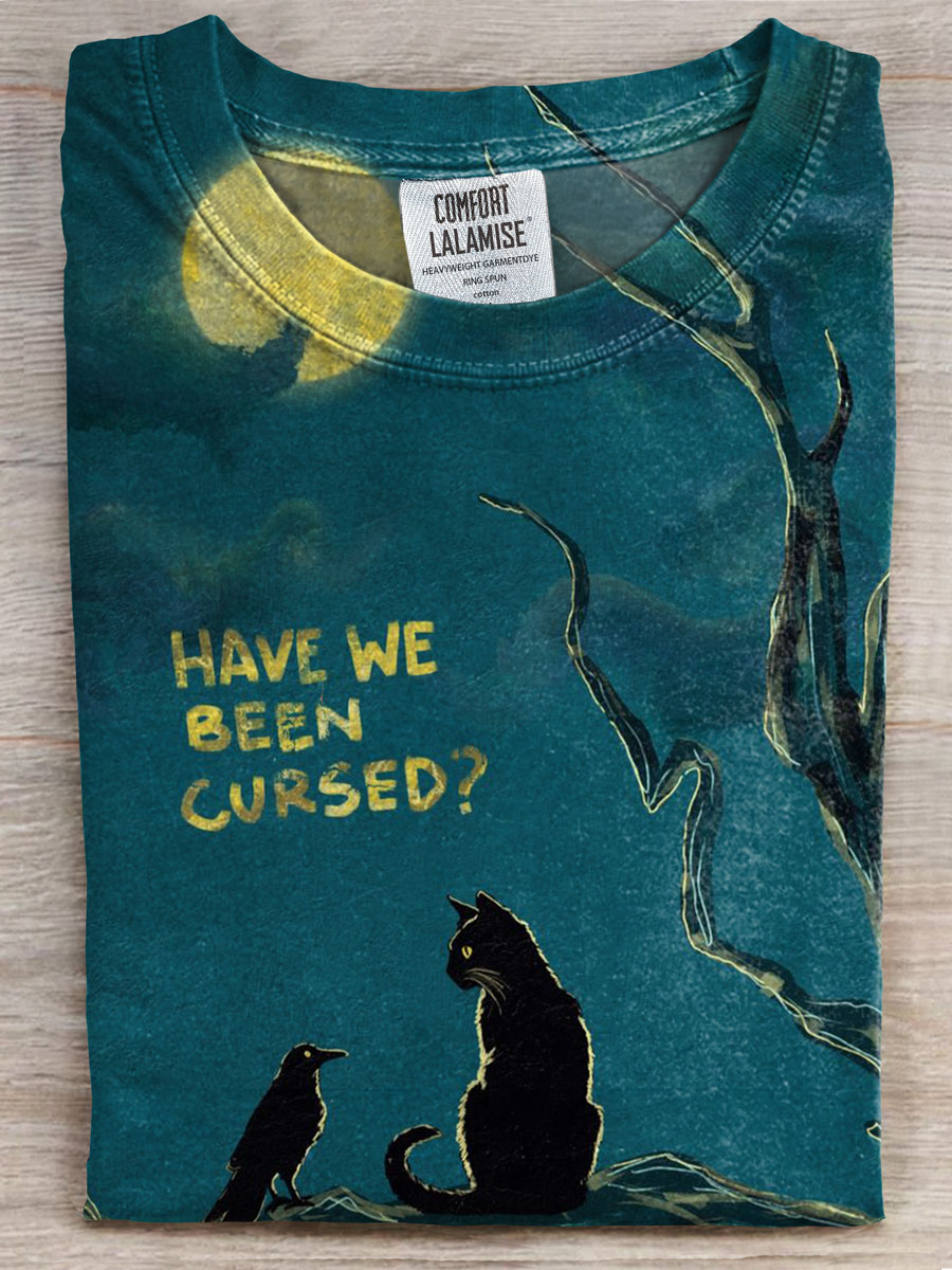 Have We Been Cursed Black Cat Crow Prints Casual T-shirt