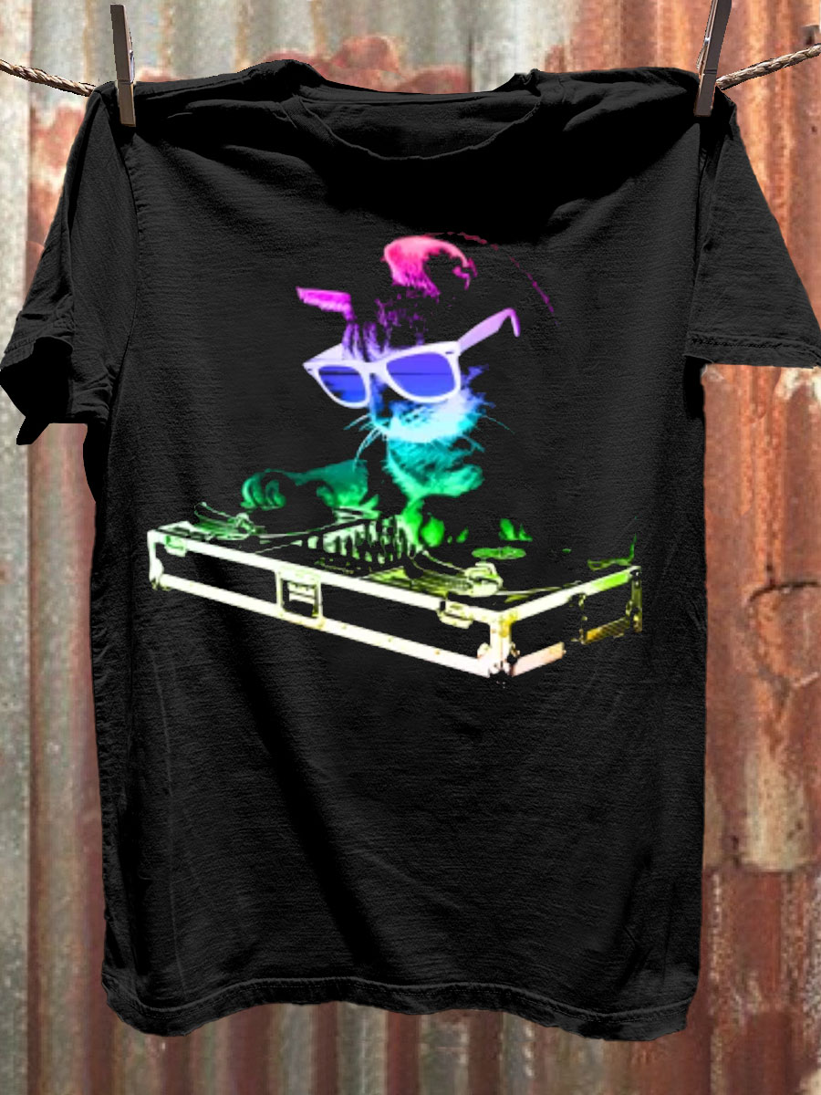 Rainbow DJ Kitty Art Casaul Short Sleeve T-shirt