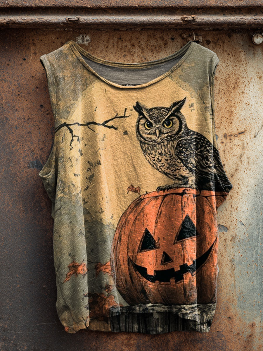 Halloween Owl Print 100% Cotton Casual Tank Top