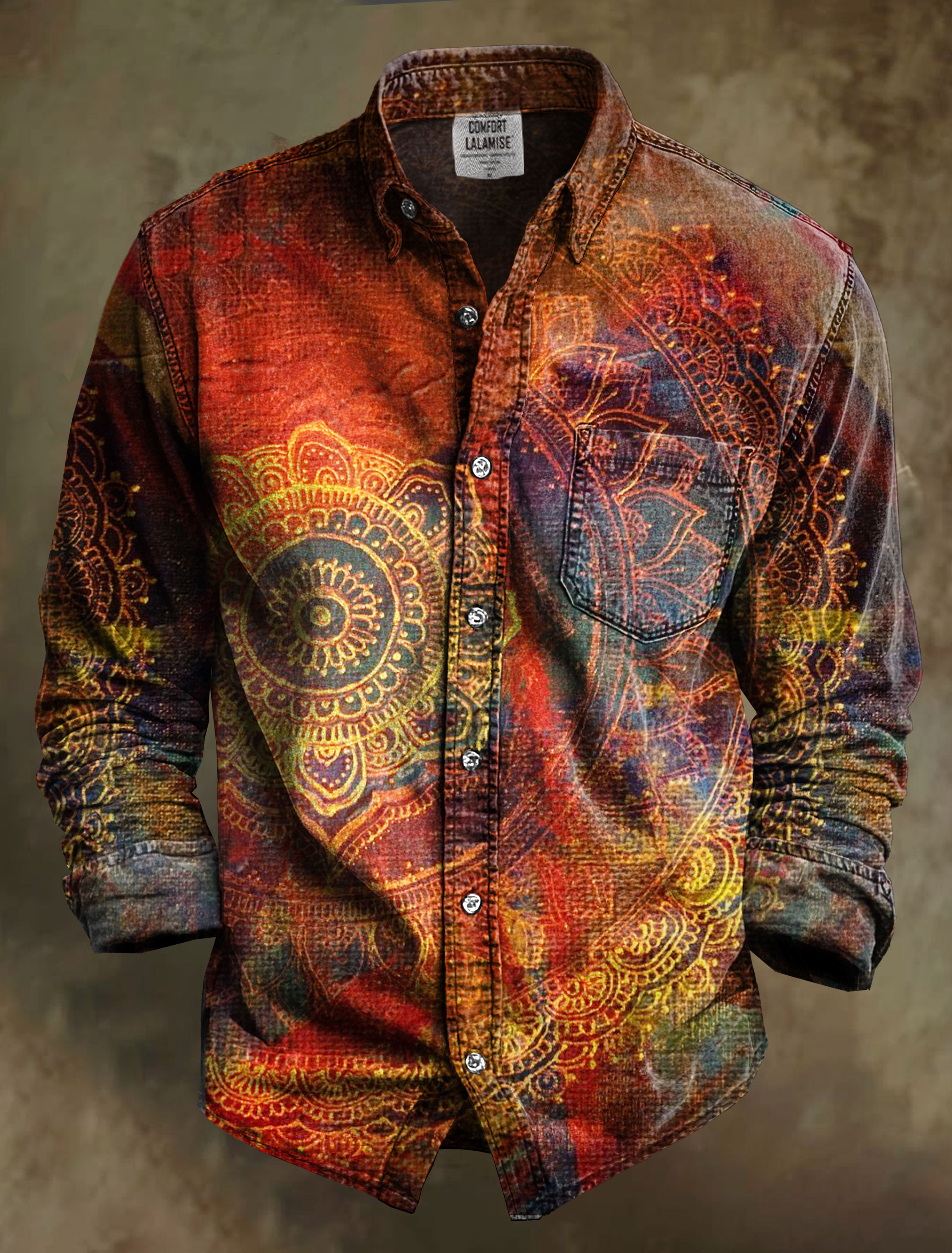 Vintage Mandala Art Print 100% Cotton Long Sleeve Shirt