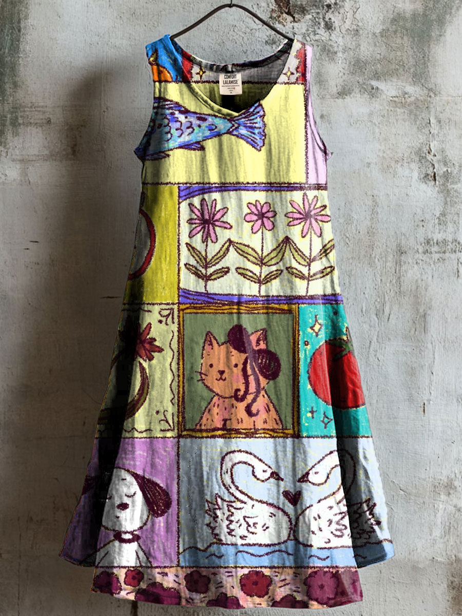 Cute Hand Drawing Print V-neck Pocket Cotton Dress