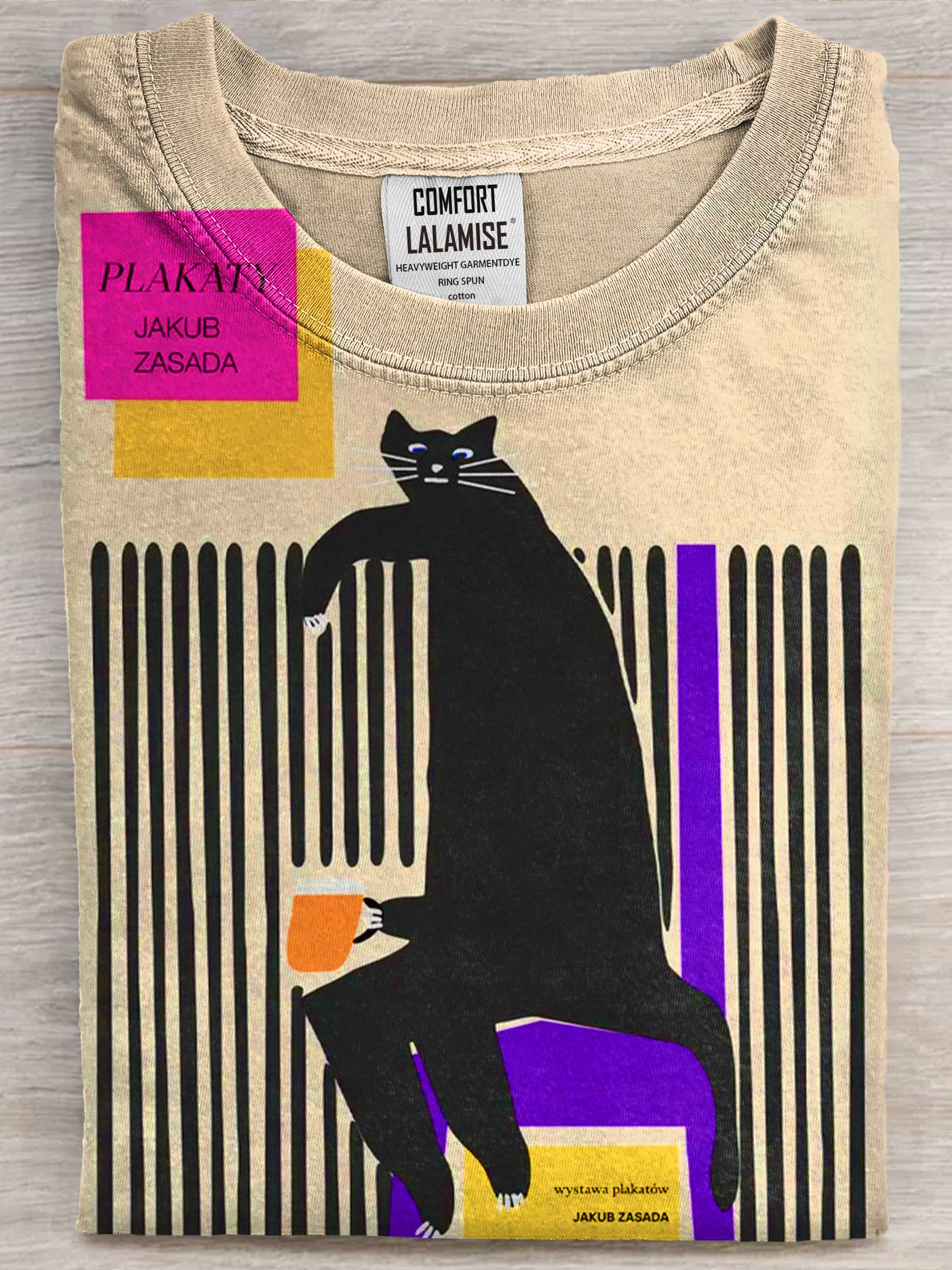 Sad cat with beer Art Print Casual Short Sleeve T-shirt