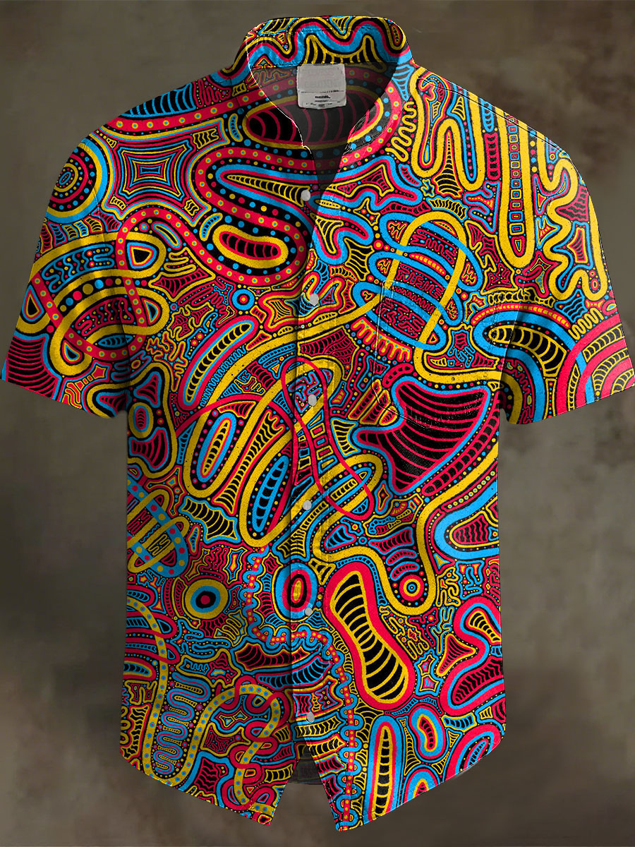 Vintage Abstract Art Multicolor Print Casual 100% Cotton Shirt
