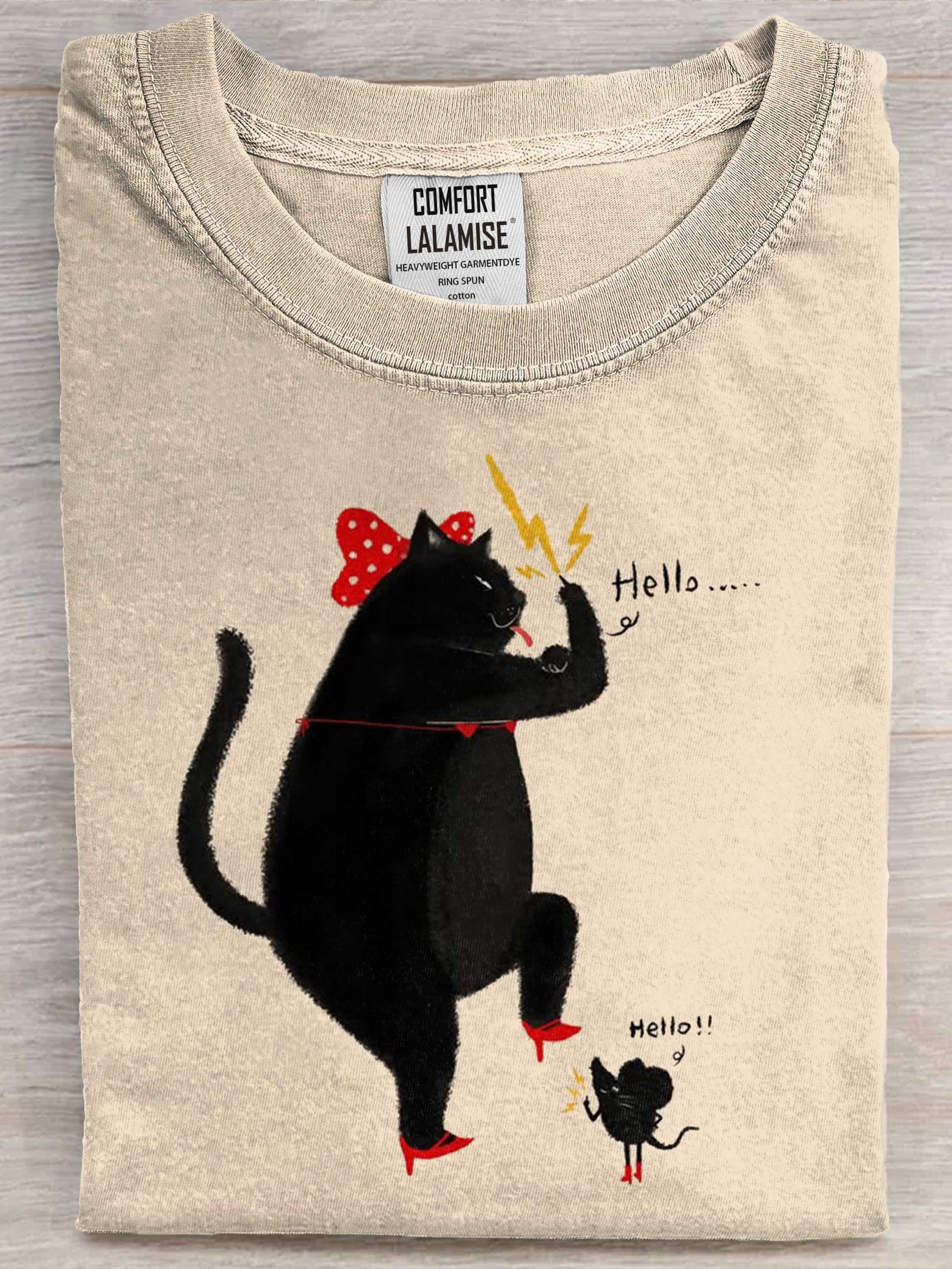 Hello Middle Finger Funny Cat With Mouse Art Print Casual Short Sleeve T-shirt