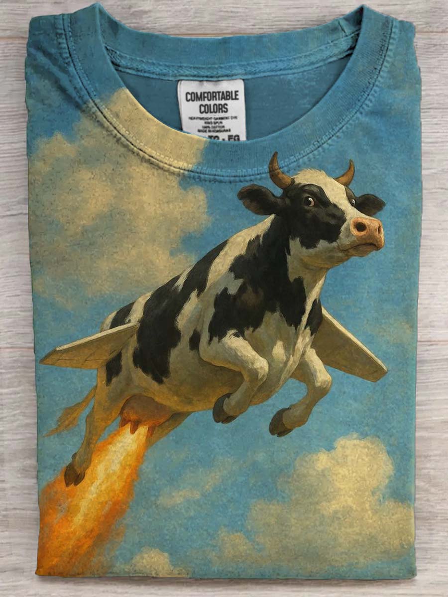 Funny Cow Airplane Print Casual Short Sleeve T-Shirt