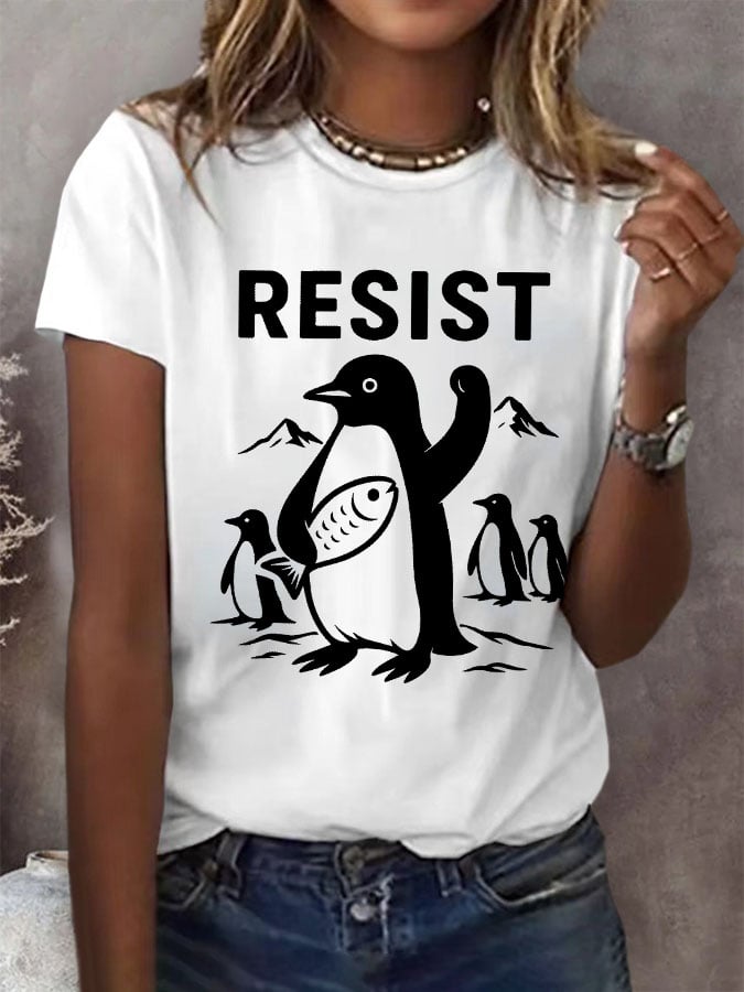 Women's Penguins Resist Print Round Neck T-Shirt