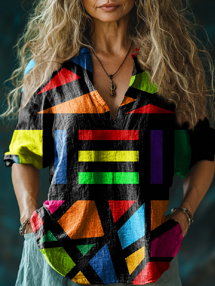 Rainbow irregular color block art print long-sleeved cotton and linen top