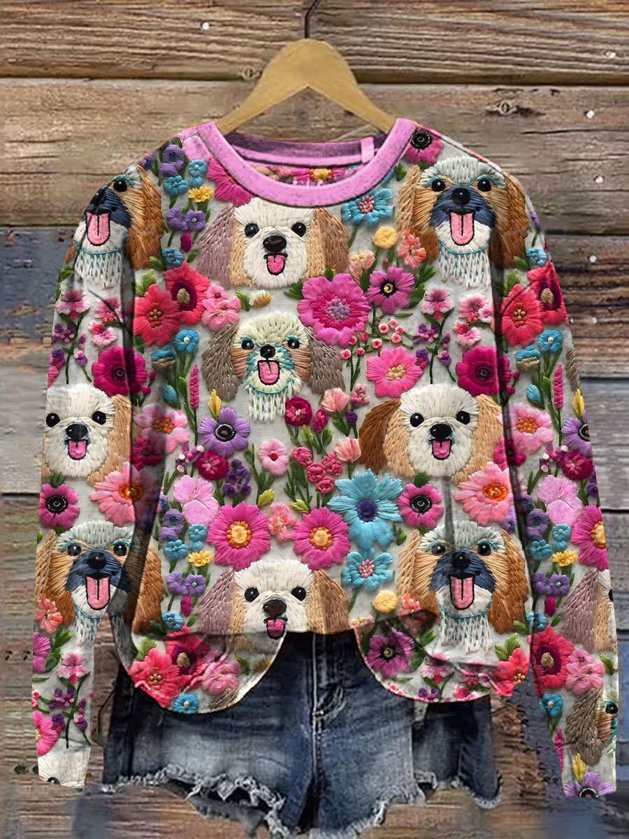 Cute Dog Floral Art Print Casual  Sweatshirt