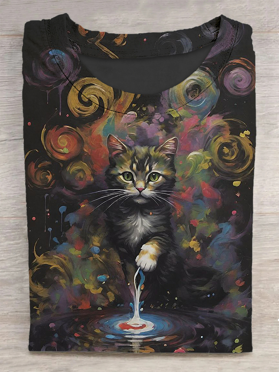 Cat Printed Vintage Fashion Loose Short Sleeve T-Shirt
