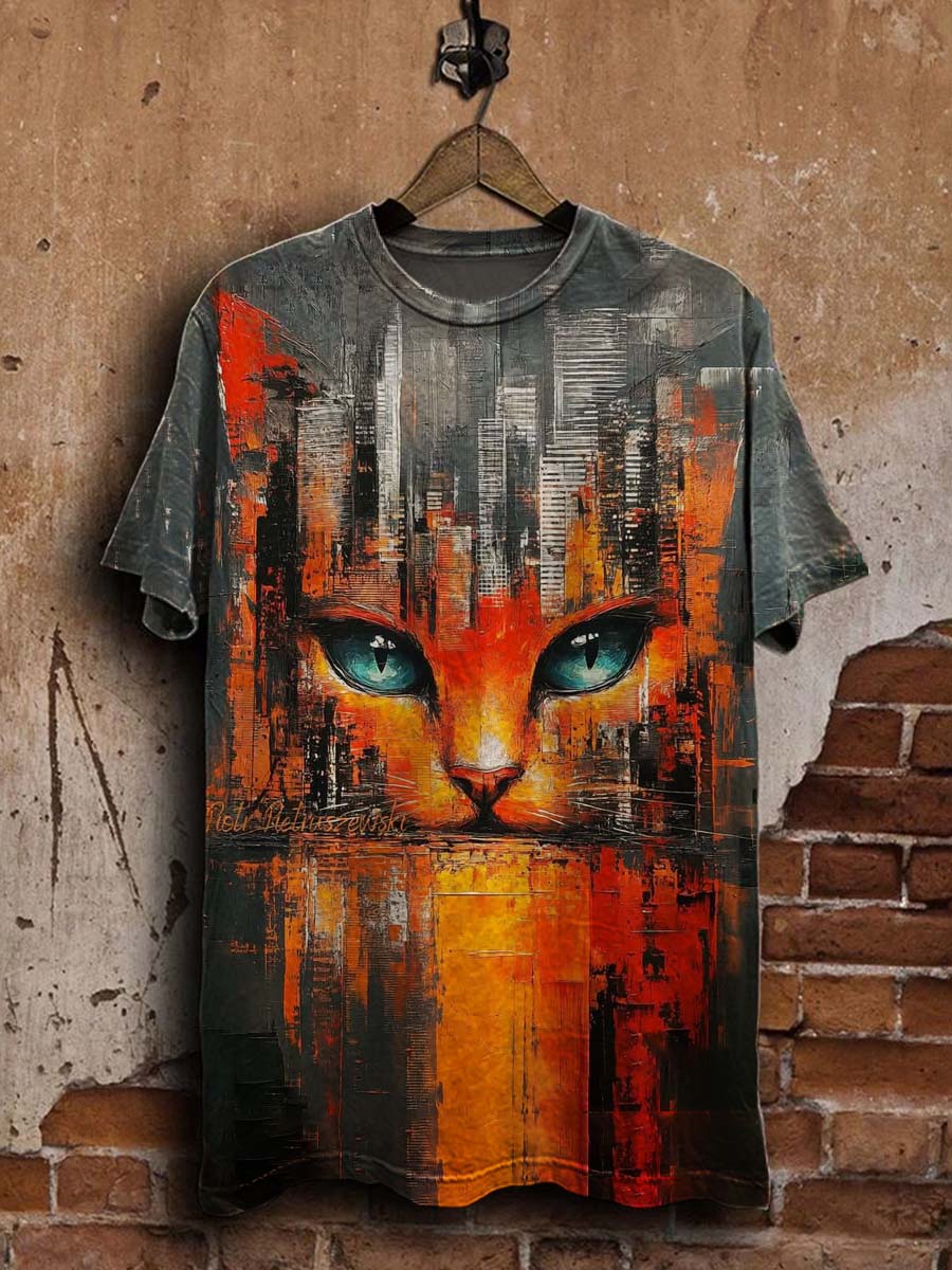 Art Abstract Cat Print Casual Short Sleeve T-Shirt