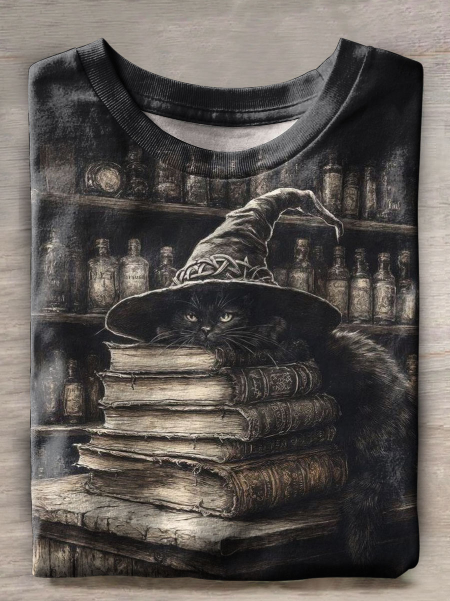 Witch Black Cat Print Casual T-shirt