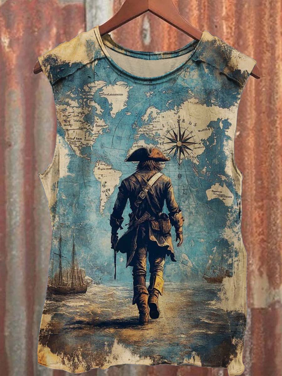 Vintage Nautical Captain Print Casual Tank Top