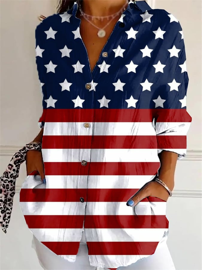 Women's Casual Cotton and Linen Independence Day Shirt
