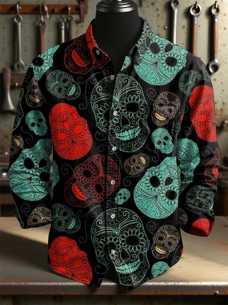 Vintage Skeleton Mexican Day of The Dead Art Print 100% Cotton Long Sleeve Shirt