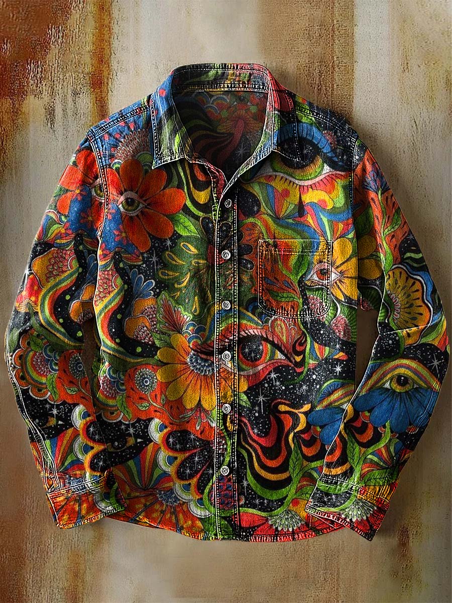 Retro Psychedelic Flowers Eyes Print 100% Cotton Casual Long Sleeved Denim Shirt