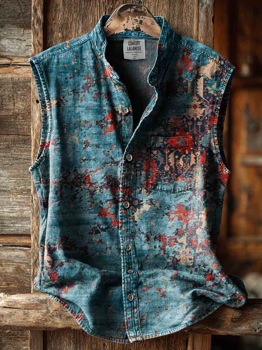 Vintage Ethinic Art Print Casual 100% Cotton Sleeveless Shirt
