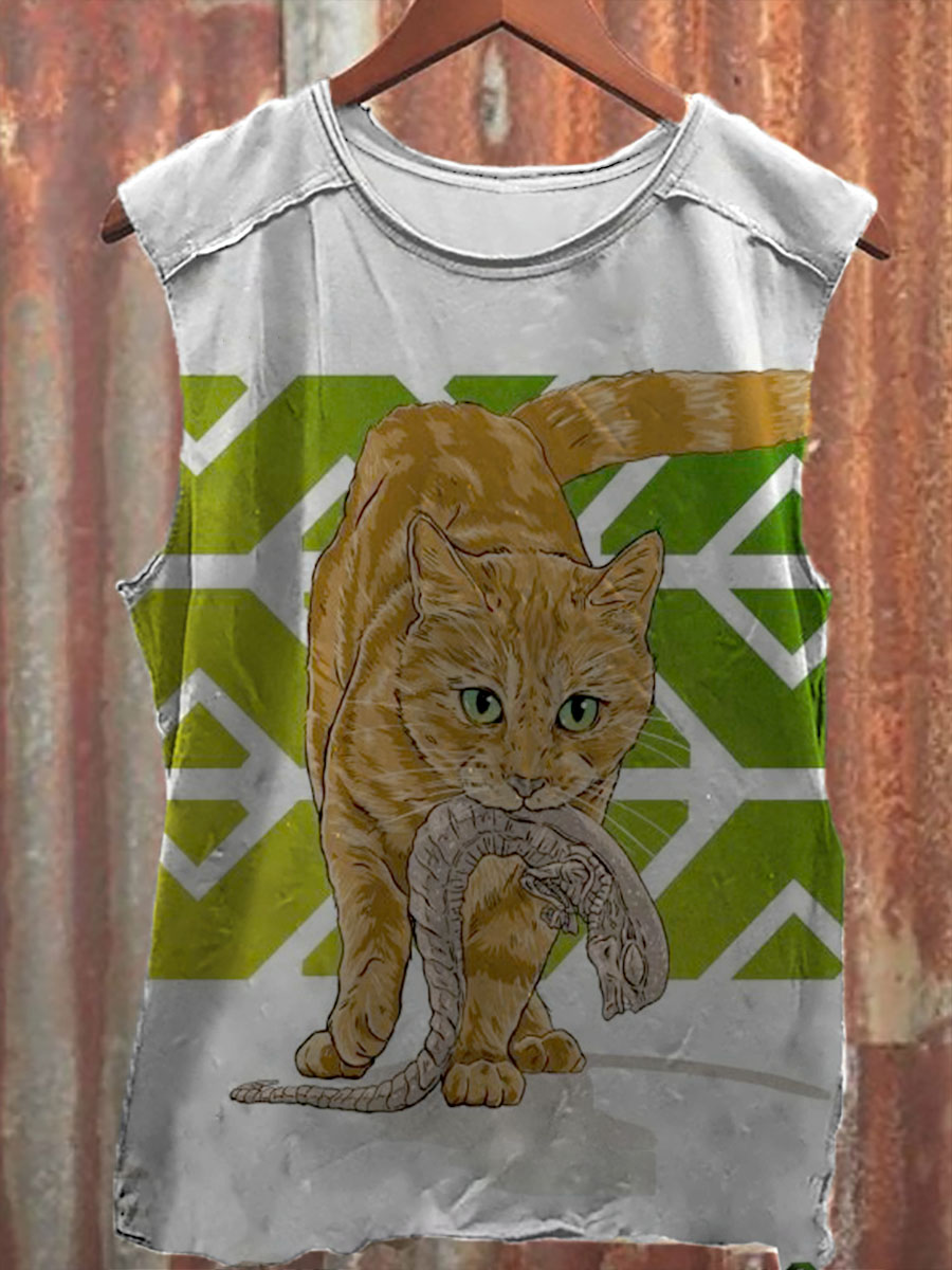 Cat Eats Monster Print 100% Cotton Casual Tank Top