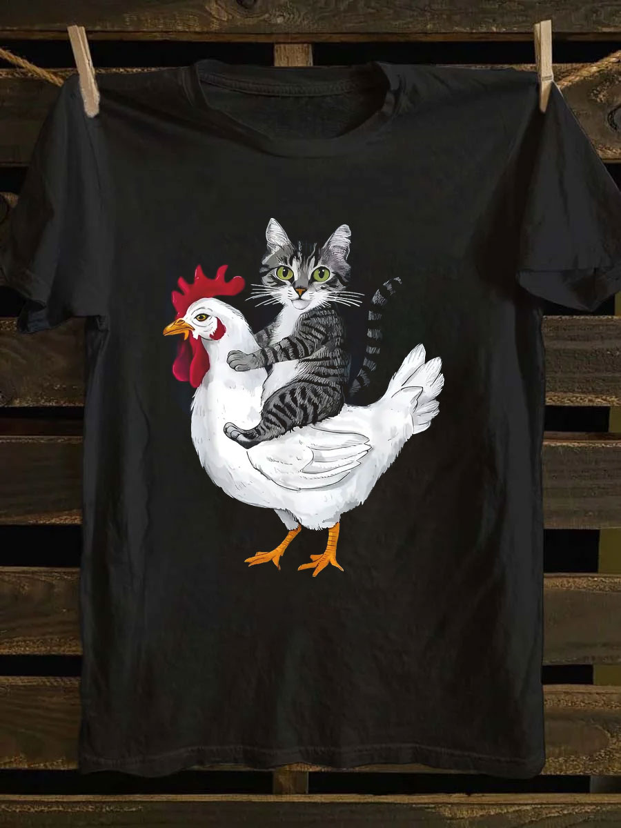 Funny Cat RIde CHIcken Art Print Casual Short Sleeve T-shirt
