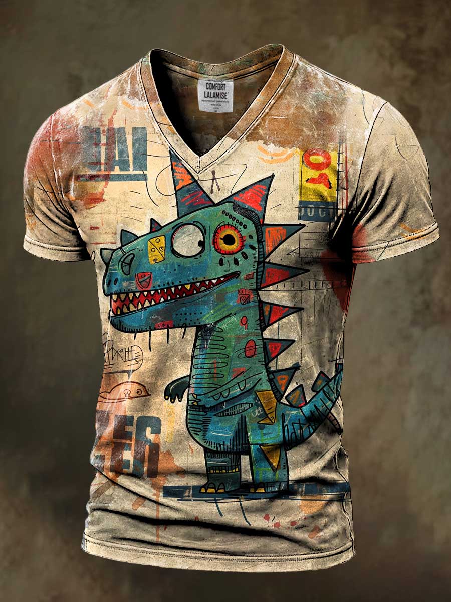 Retro Funny Art Print Casaul Short Sleeve V-neck T-shirt