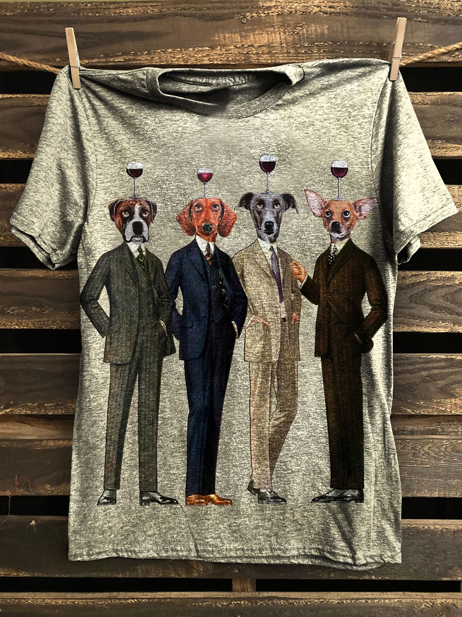 Red Wine Glass Dog Prints Casual T-shirt