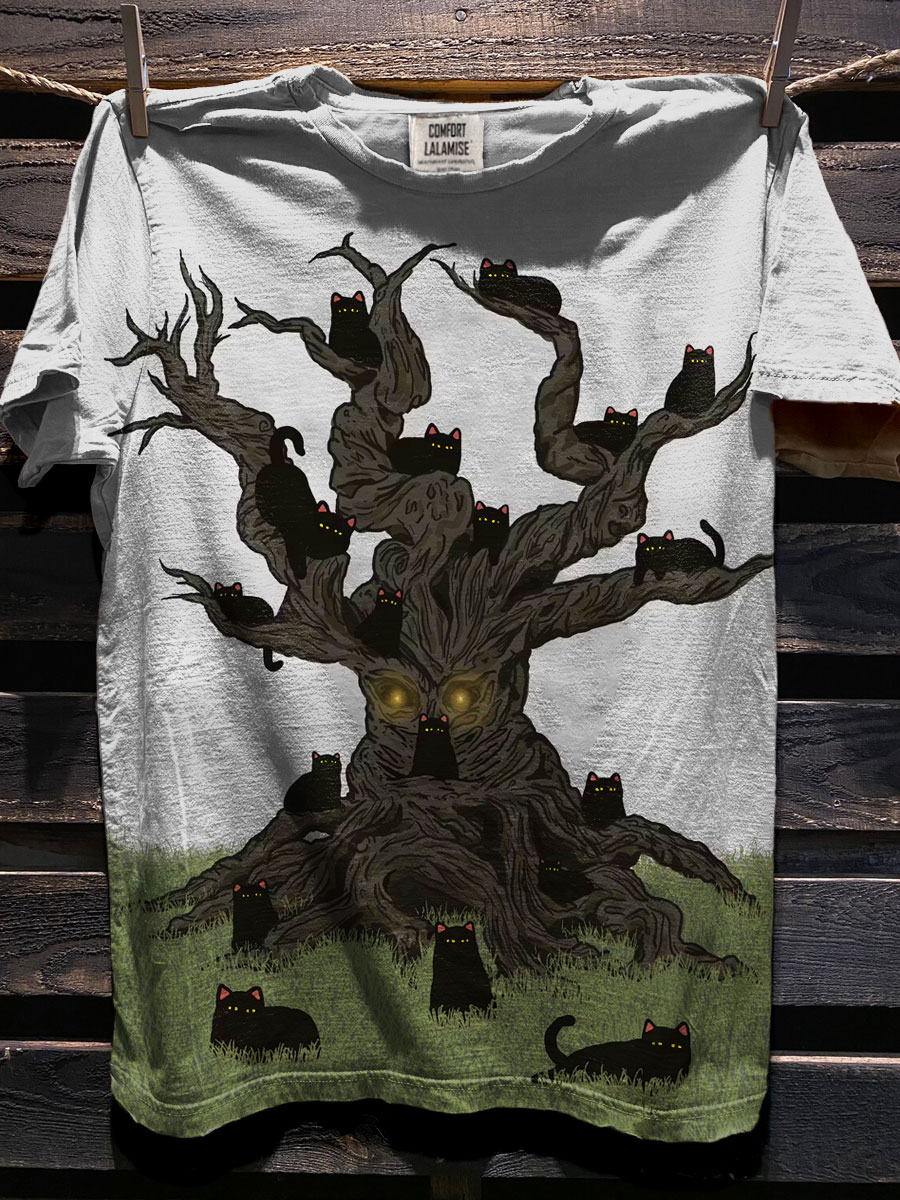 Spooktober Black Cat Tree Art Print Causal Cotton Short Sleeve T-shirt