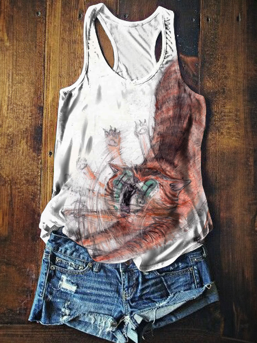 Funny Cat Print Tank Top