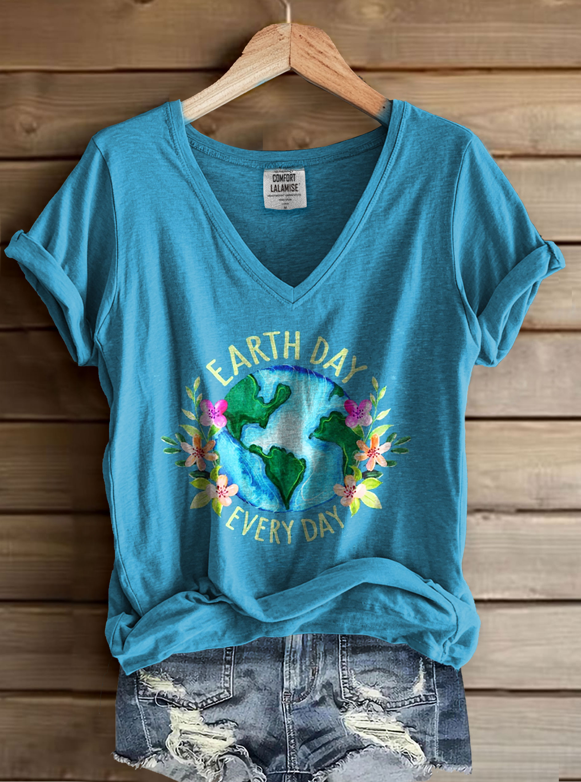 Earth Day Everyday Print V-neck Casual T-Shirt