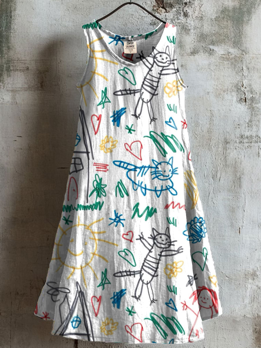 Cute Kid Drawing Art Print V-neck Pocket Cotton Dress