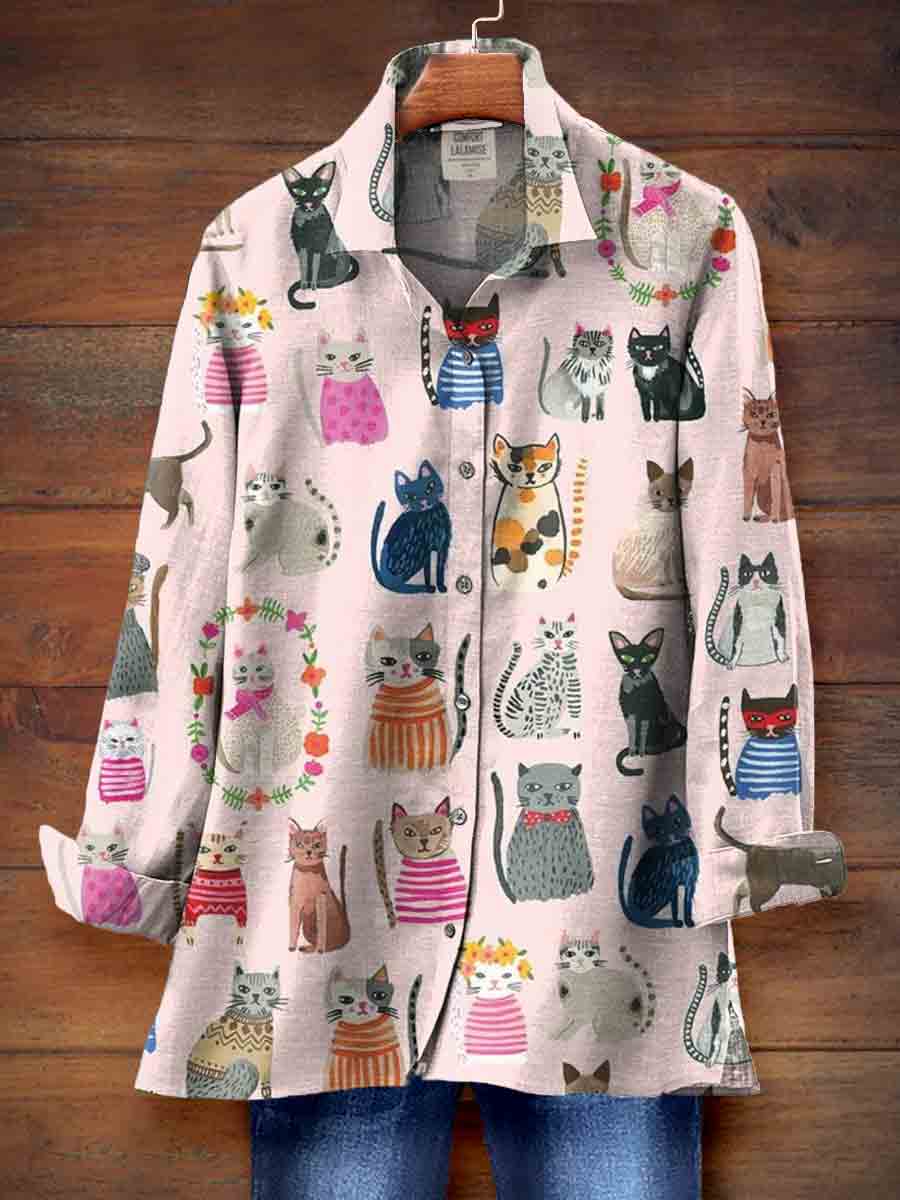 Cat Art Print Casual Cotton Shirt