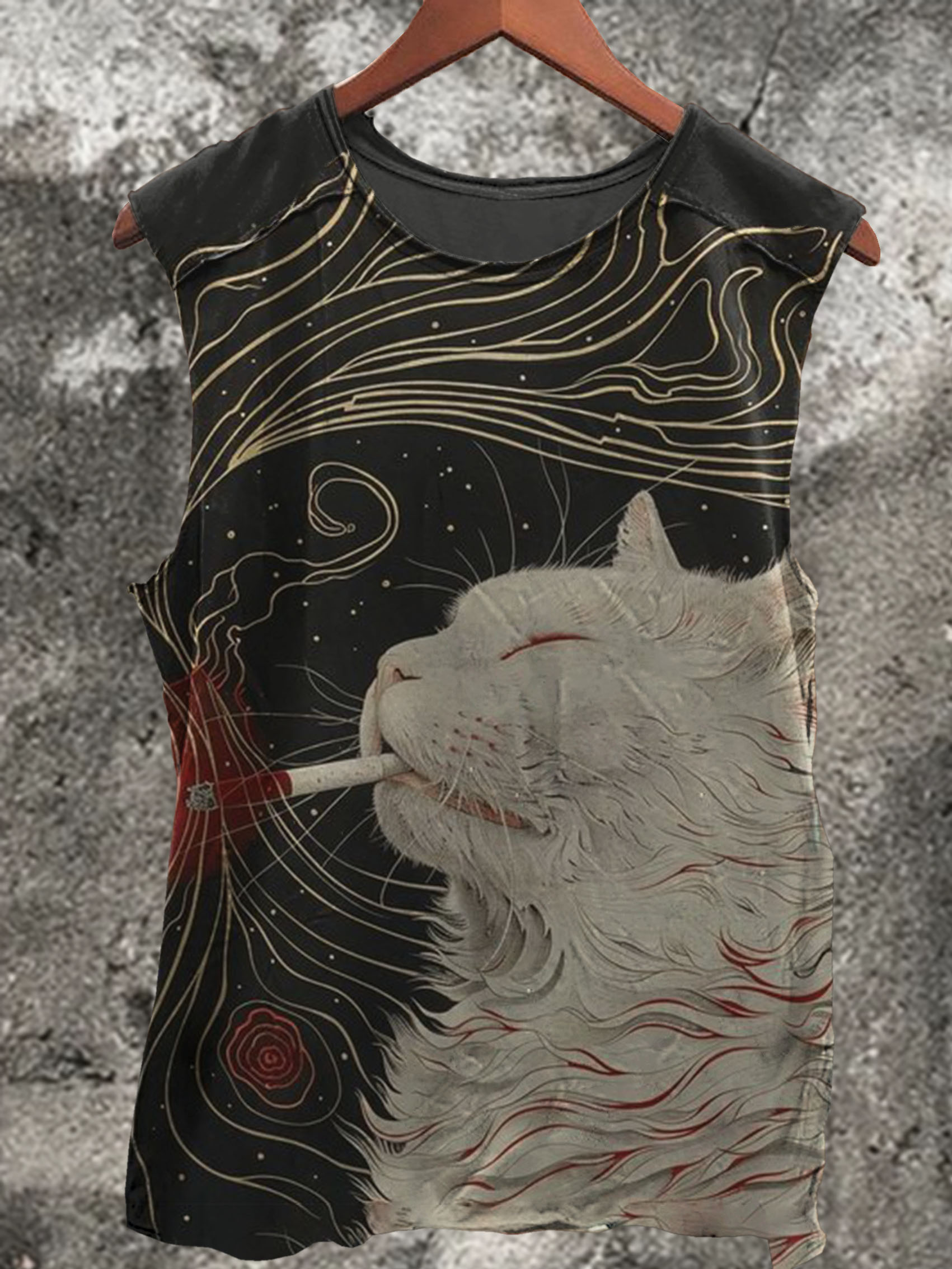 Smoking Cat Print 100% Cotton Casual Tank Top