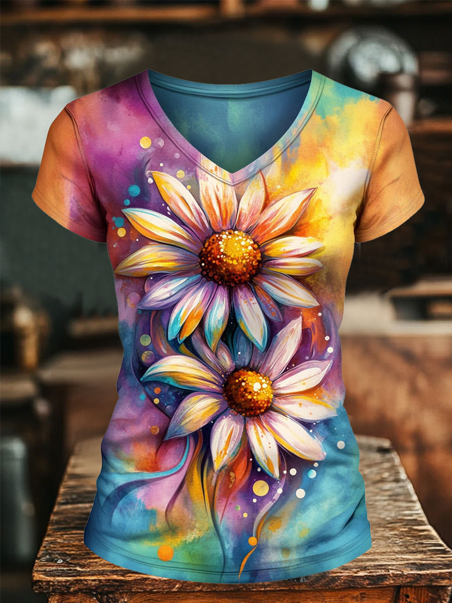Colorful Floral Prints V-neck Casual T-Shirt