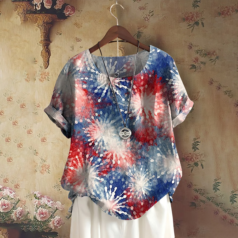 Women's Casual Cotton And Linen Independence Day Fireworks Short-sleeved Round Neck Shirt