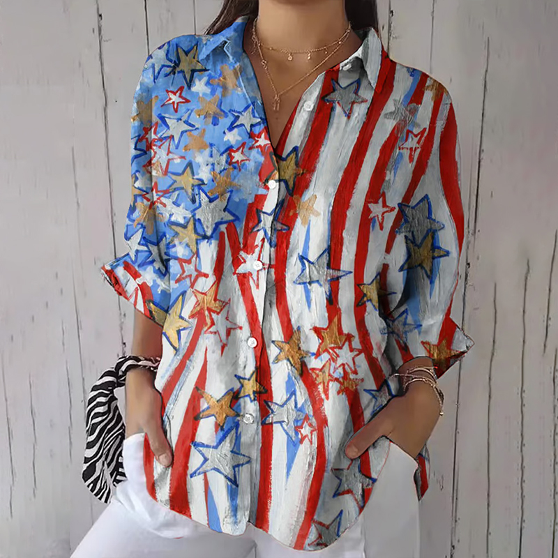 Women's Fashion Casual Independence Day Flag Printed Cotton And Linen Shirt