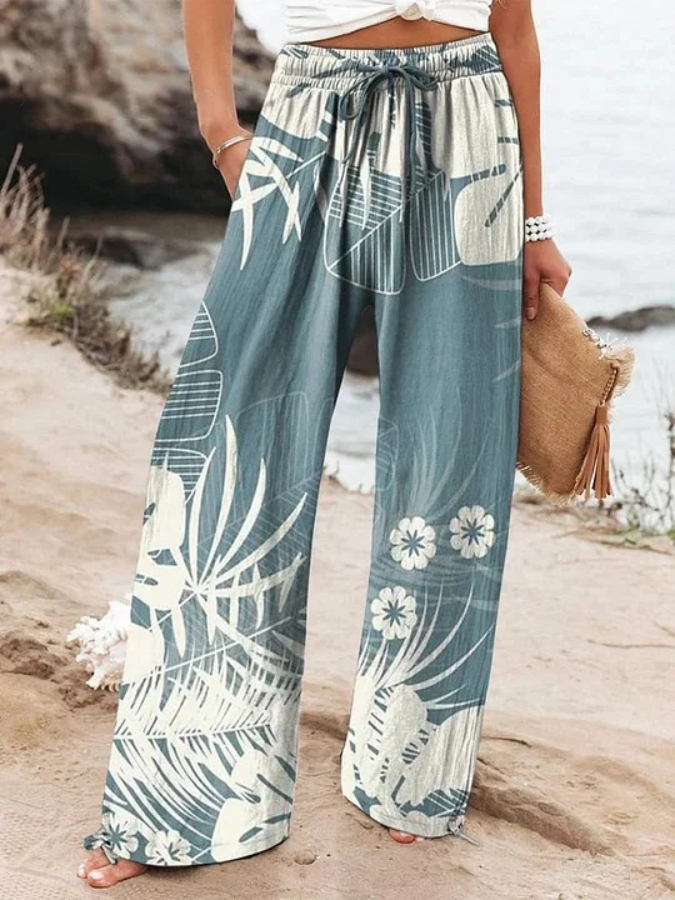 Women's Vacation Beach Sage Blue Tropical Palm Leaves Printed Casual Pants