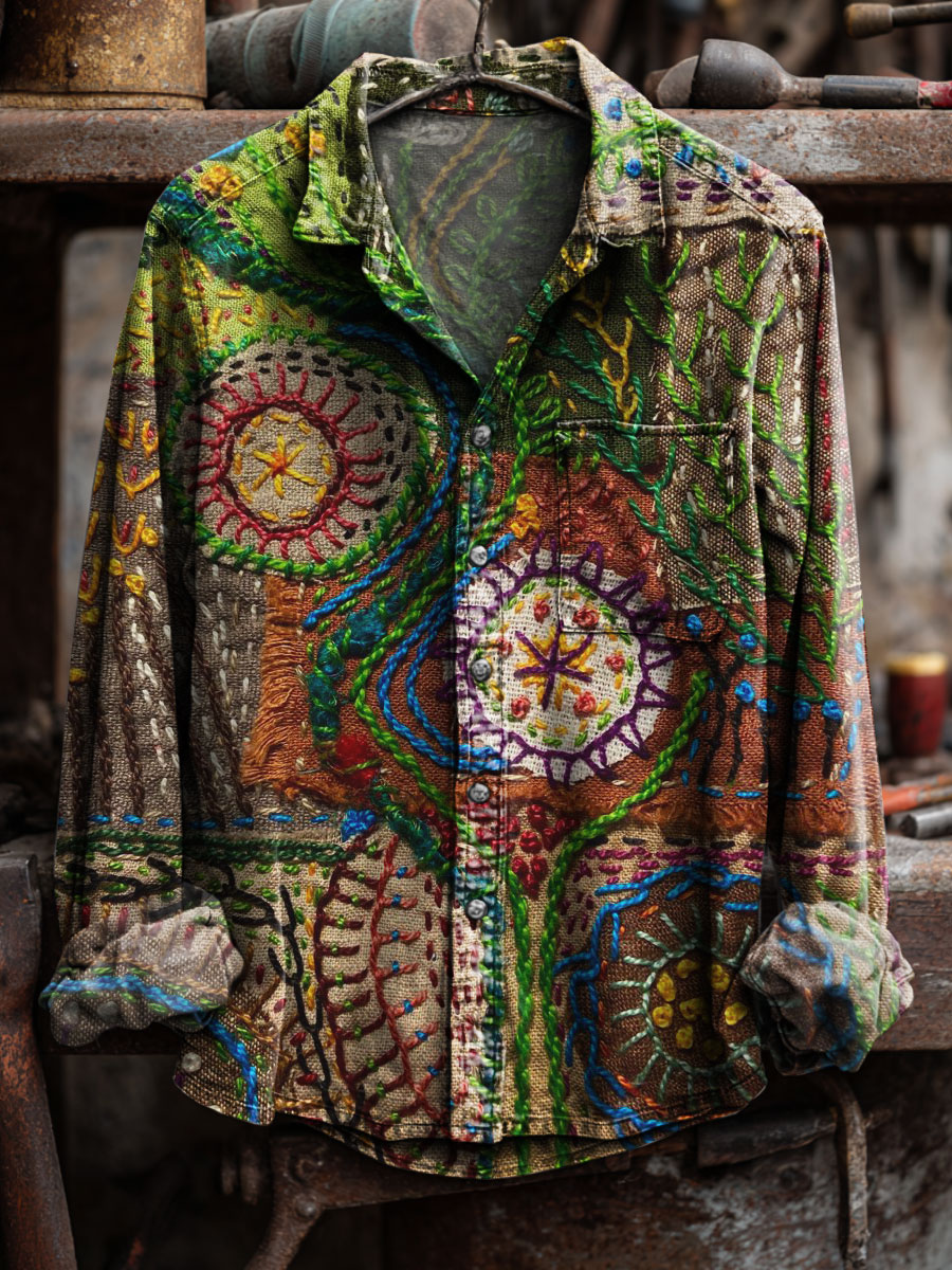 Vintage Patchwork Art Print 100% Cotton Long Sleeve Shirt
