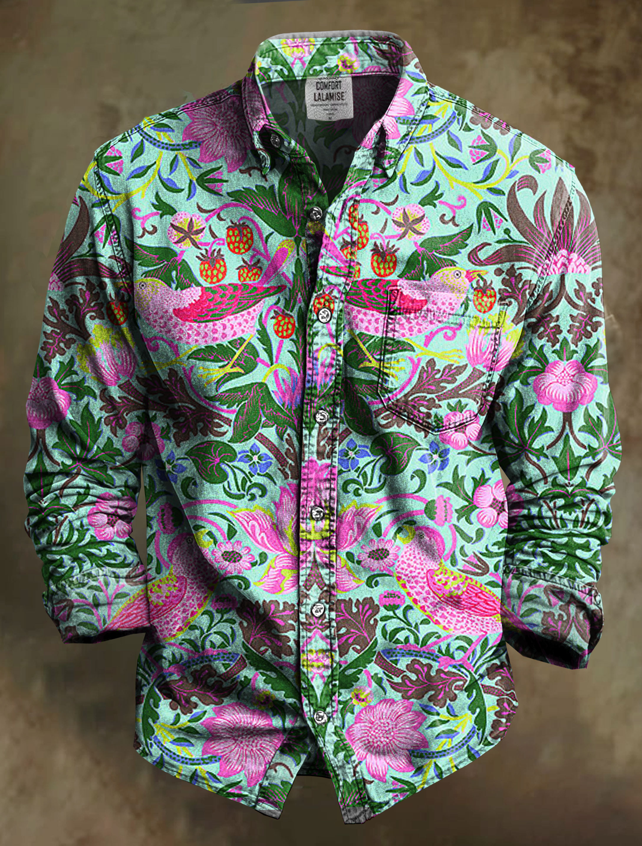 Vintage Strawberry Thief Art Print 100% Cotton Long Sleeve Shirt