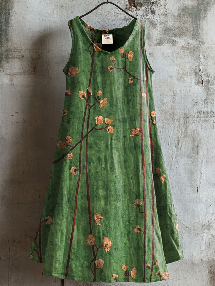 Women's Vintage Flower Art Print V-neck Pocket Cotton Dress