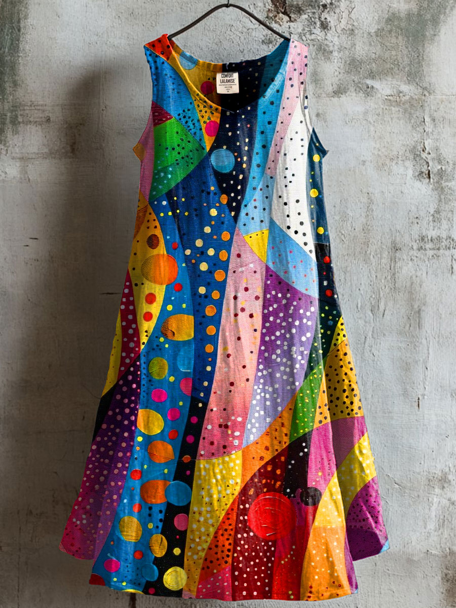 Women's Multicolor Art Print V-neck Pocket Cotton Dress