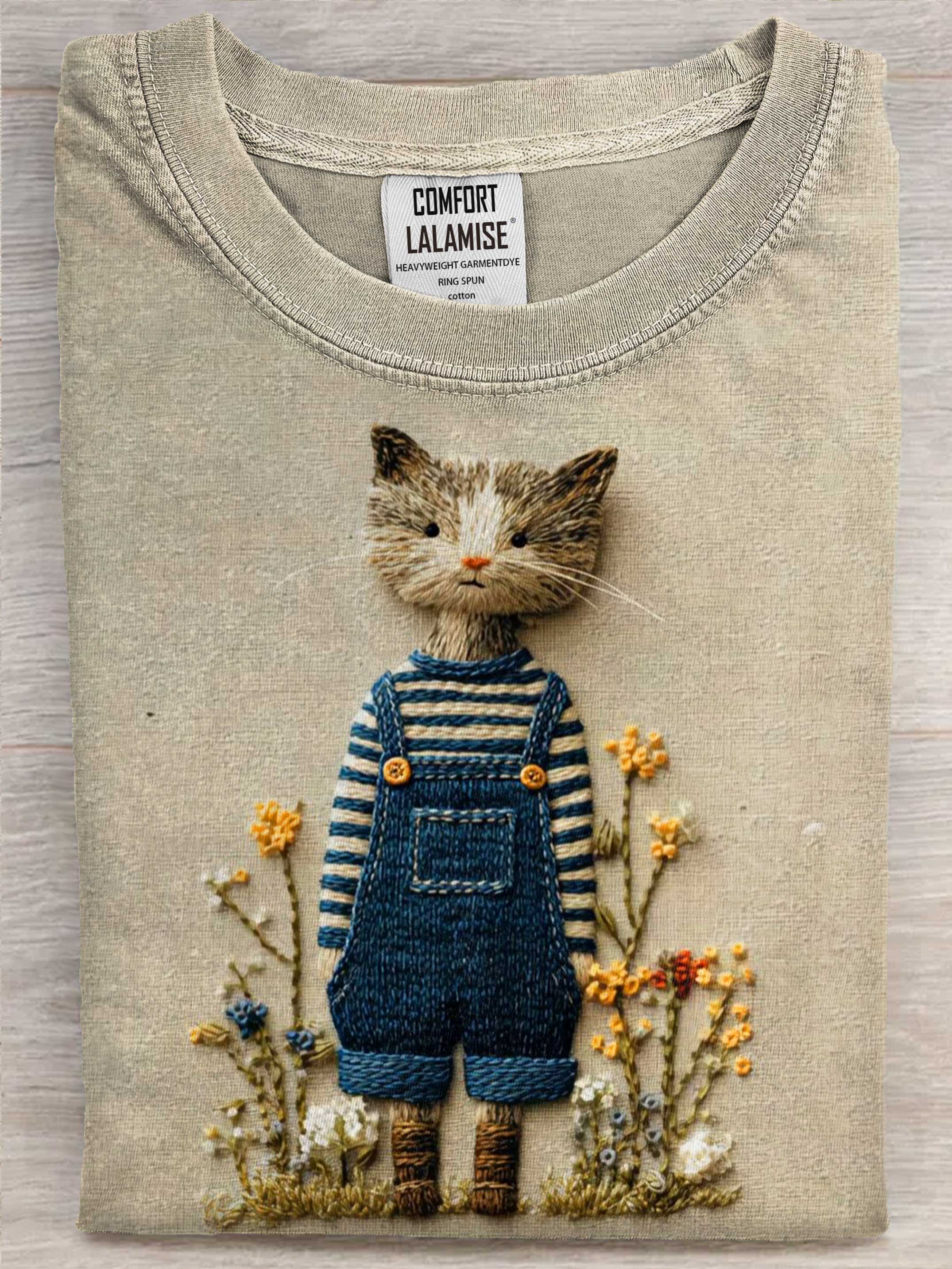 Cute cat embroidery Art Casaul Cotton Short Sleeve T-shirt