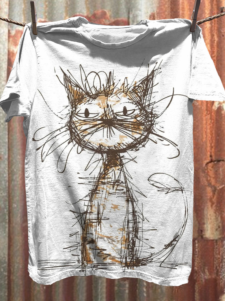 Cat Hand Drawing Art Print Casaul Short Sleeve T-shirt