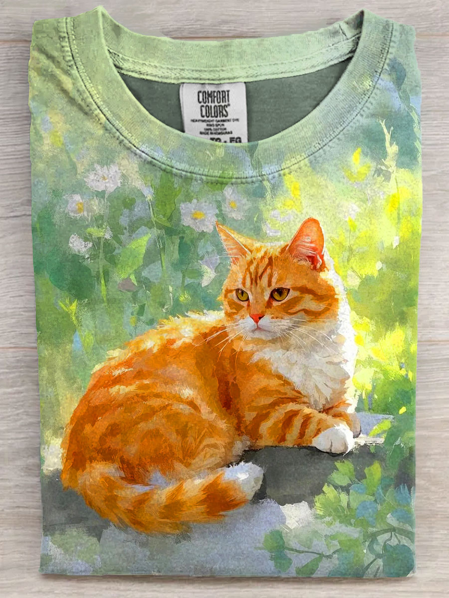 Cute Cat Art Print Casual Short Sleeve T-shirt