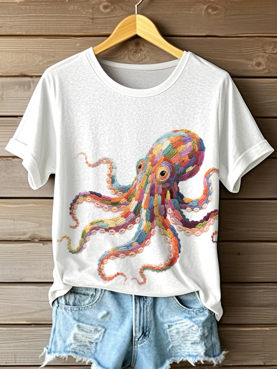 Women's Colorful Octopus Embroidery Pattern T-Shirt