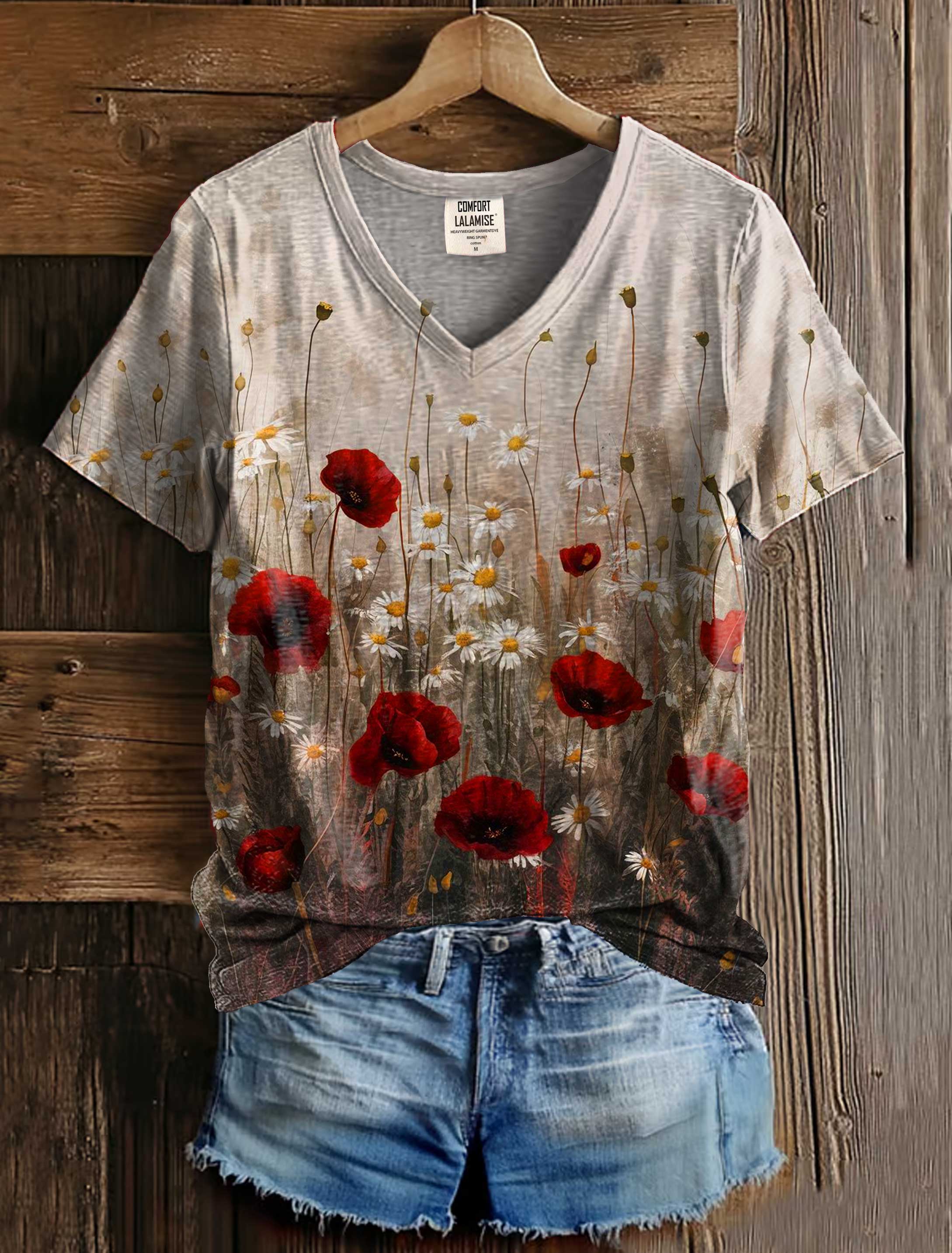 Vintage Poppy flower Art Print V-neck Casual T-Shirt