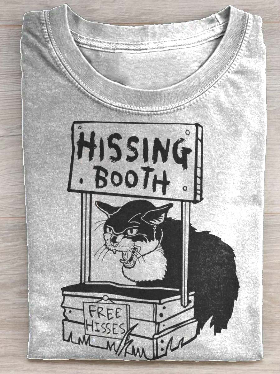 Hissing Booth Free Hisses Cute Cat Meme Doodle Art Print Casual Short Sleeve T-shirt