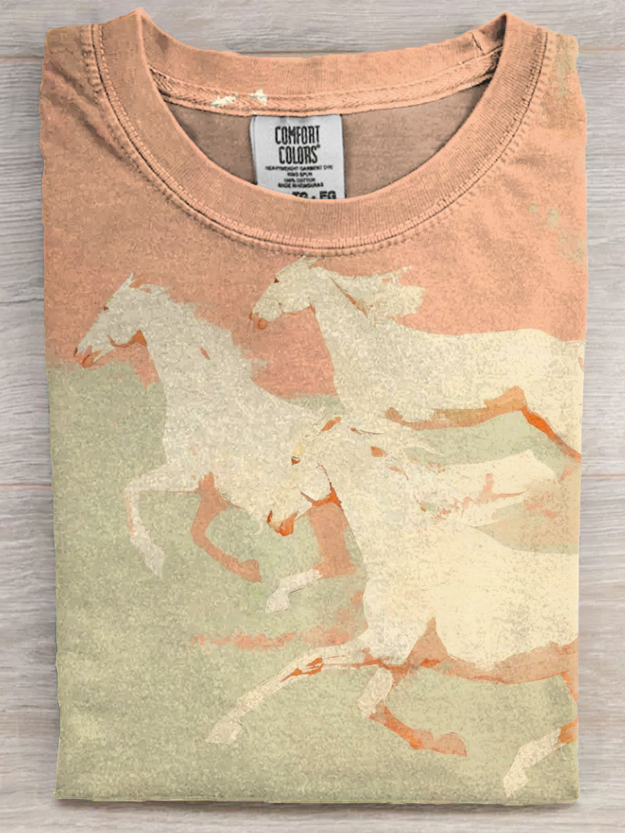 Vinatge Horse Art Print Casaul Short Sleeve T-shirt
