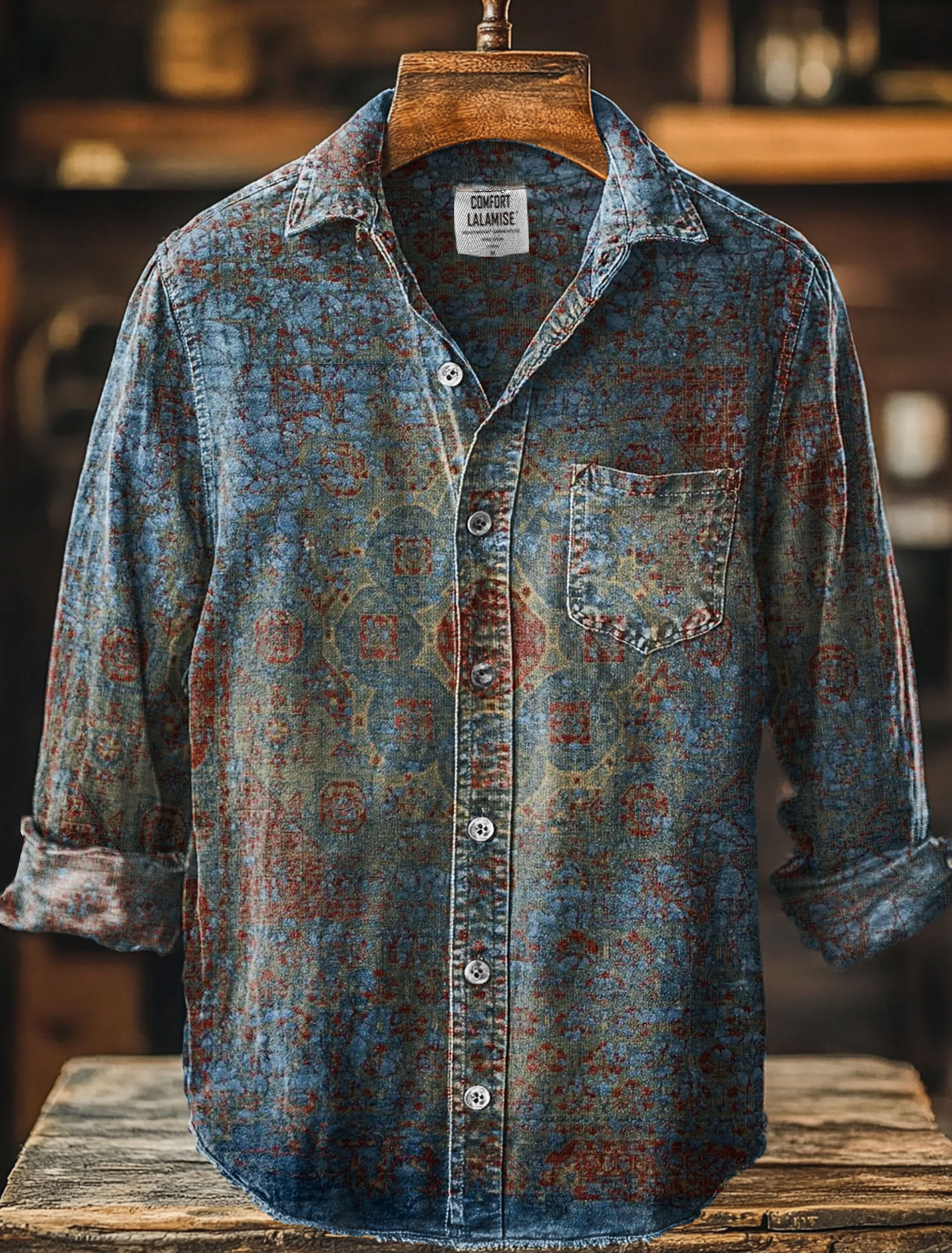 Vintage Abstract Ethnic Floral Print 100% Cotton Long Sleeve Shirt